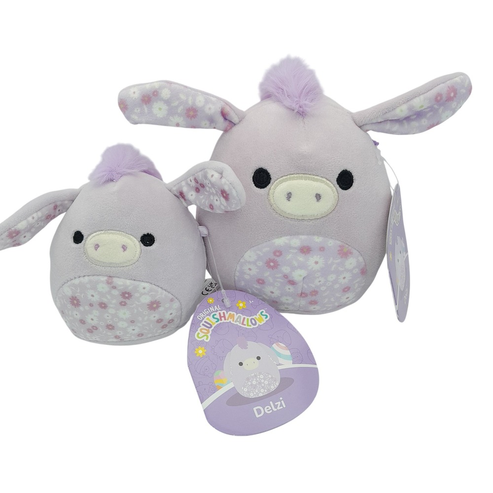 Squishmallows Delzi the Donkey Lavender Floral Easter Plush Set 5" 3.5" NWT